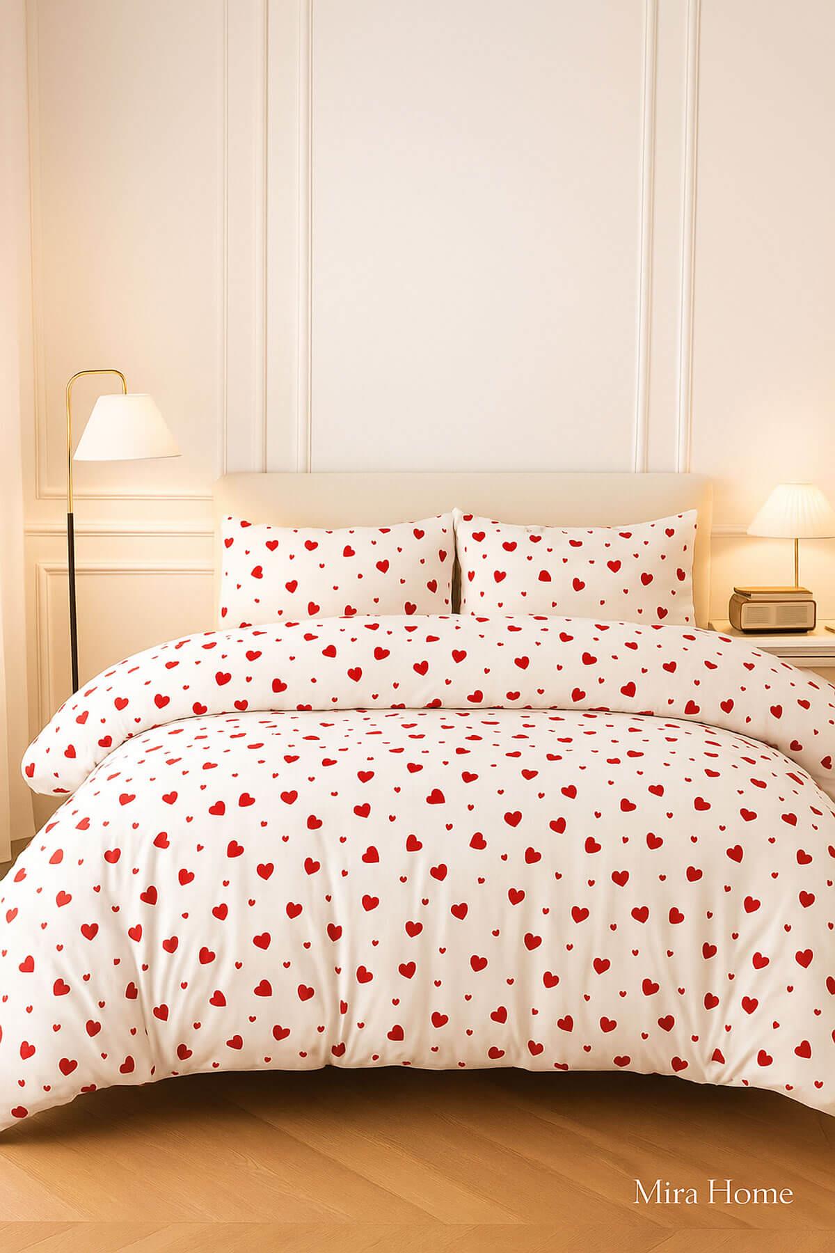 Kırmızı Kalpli Çift Kişilik Nevresim Takımı Pamuklu 180x200 Cm