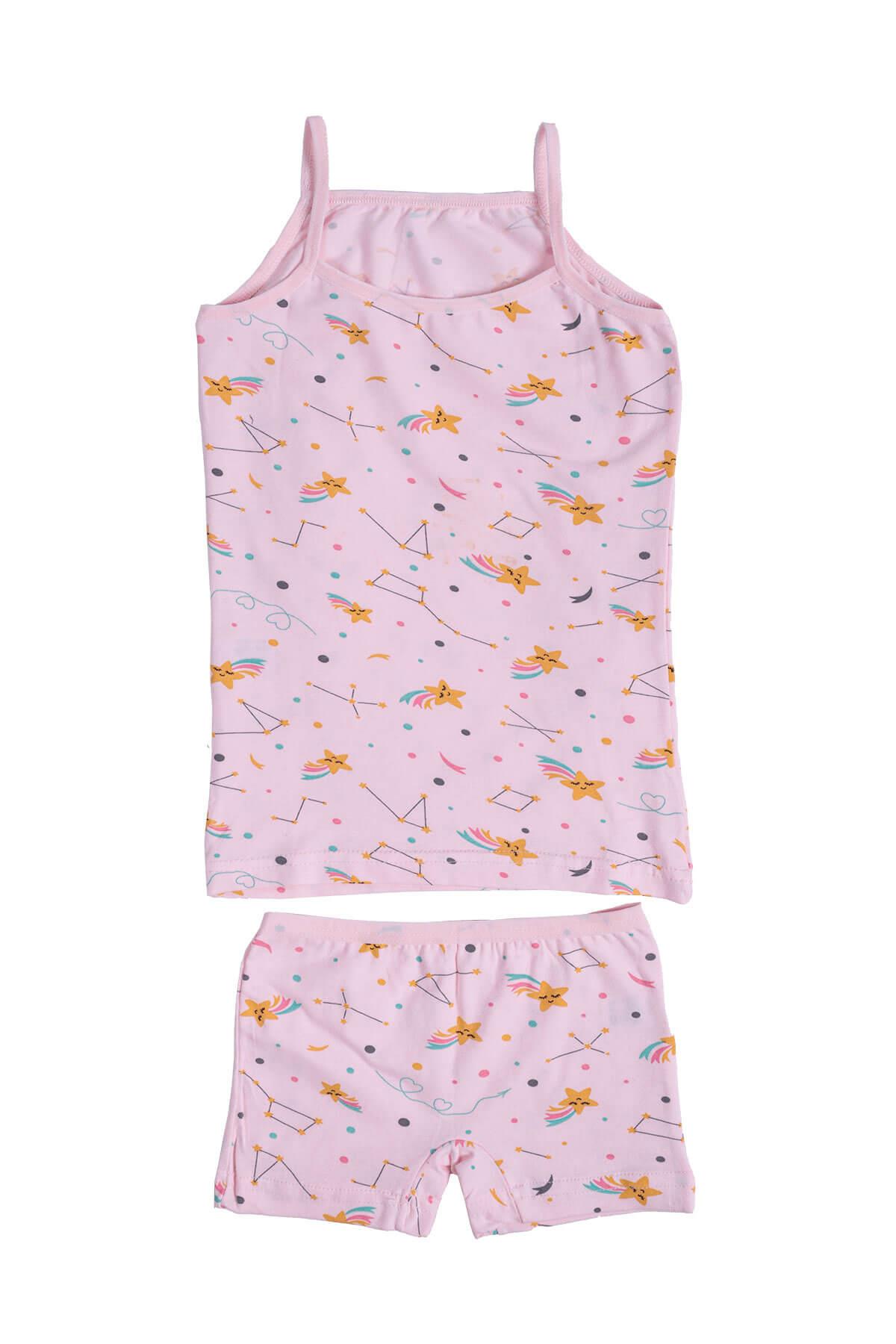 Kız Çocuk İp Askılı Desenli Atlet Boxer Takım Pamuklu Yumuşacık