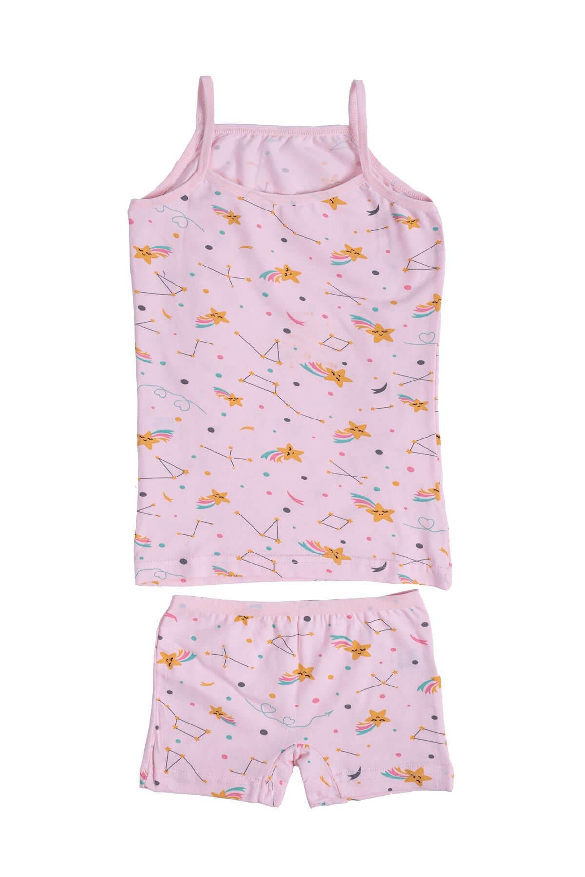 Kız Çocuk İp Askılı Desenli Atlet Boxer Takım Pamuklu Yumuşacık