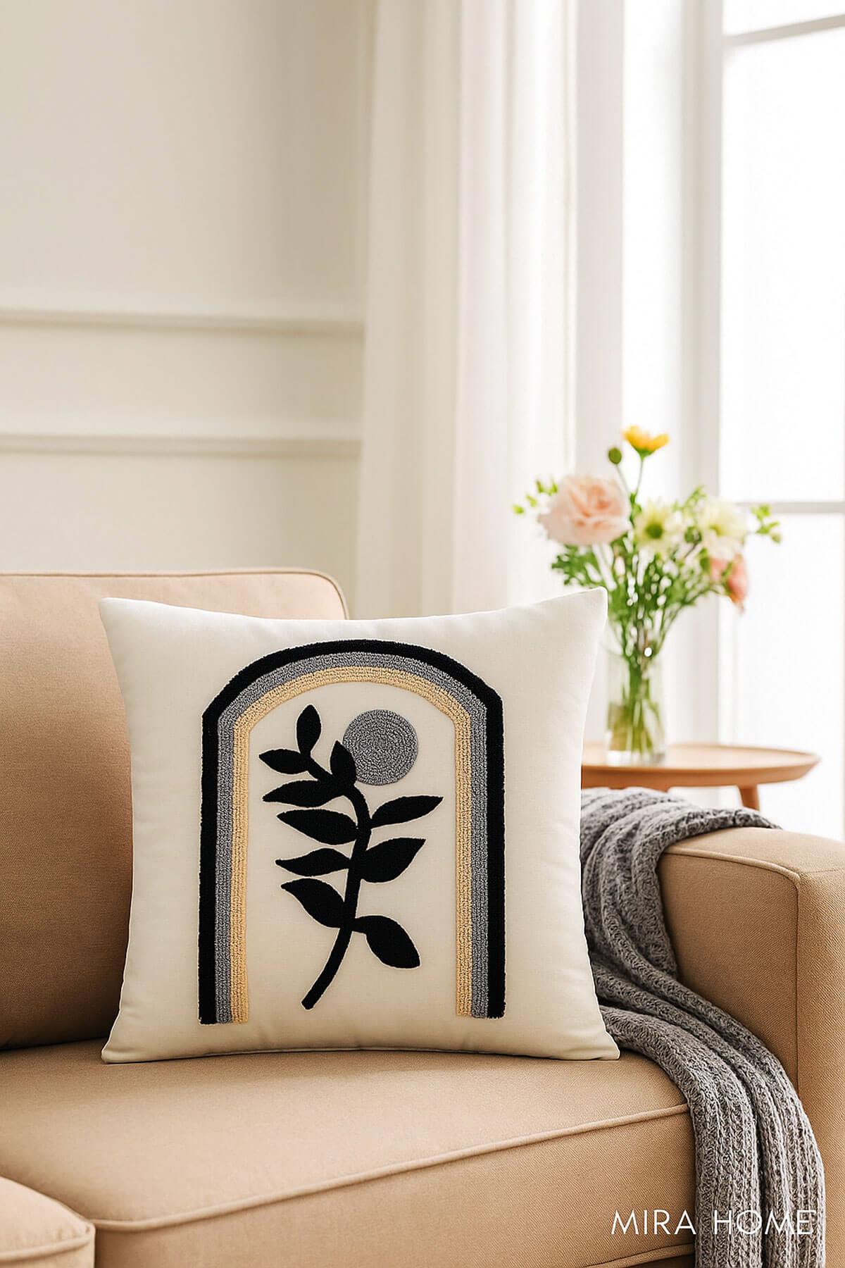 Mira Home Dekoratif Punch Kare Lale Nakışlı Kırlent Kılıfı