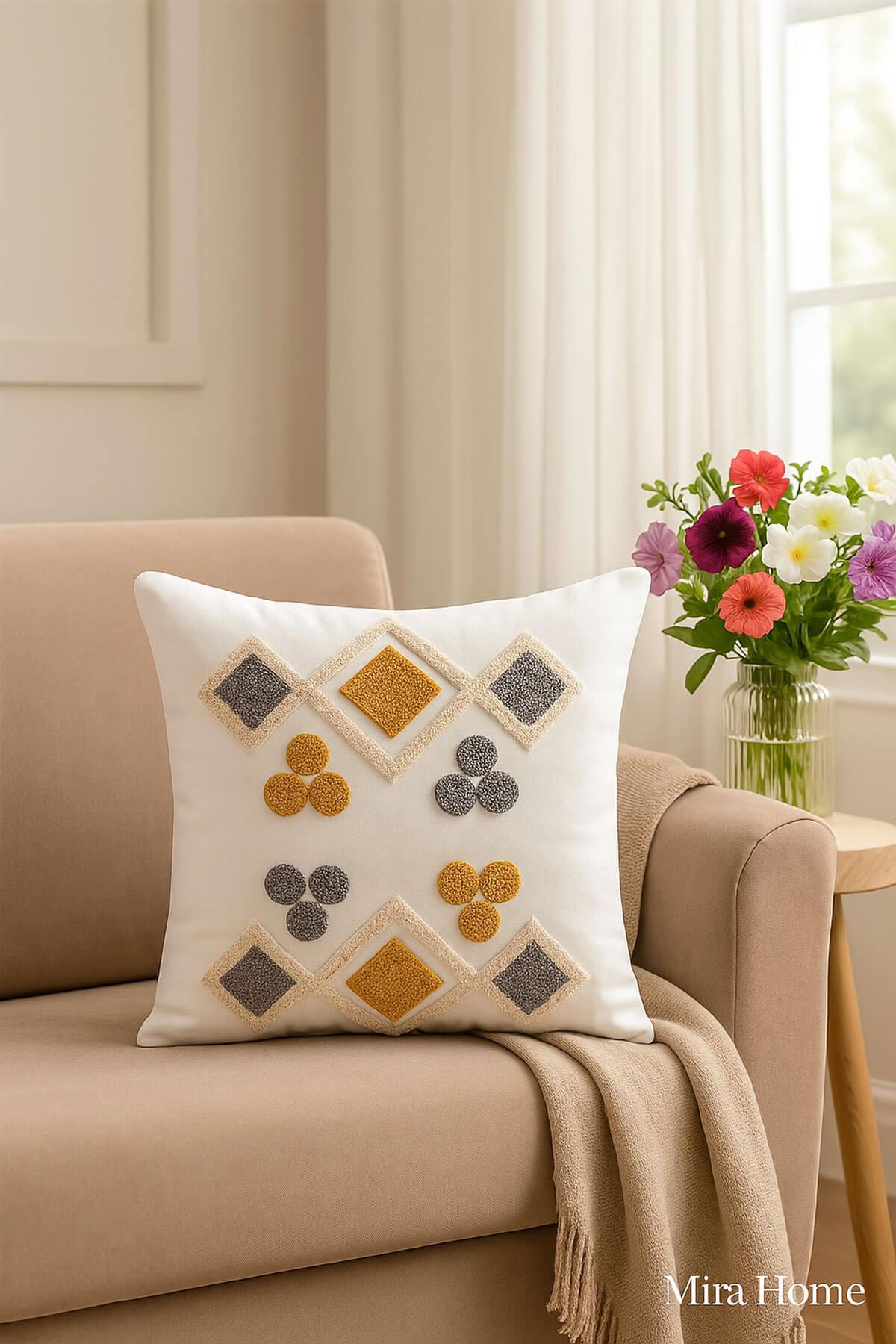 Mira Home Dekoratif Punch Yonca Nakışlı Kırlent Kılıfı