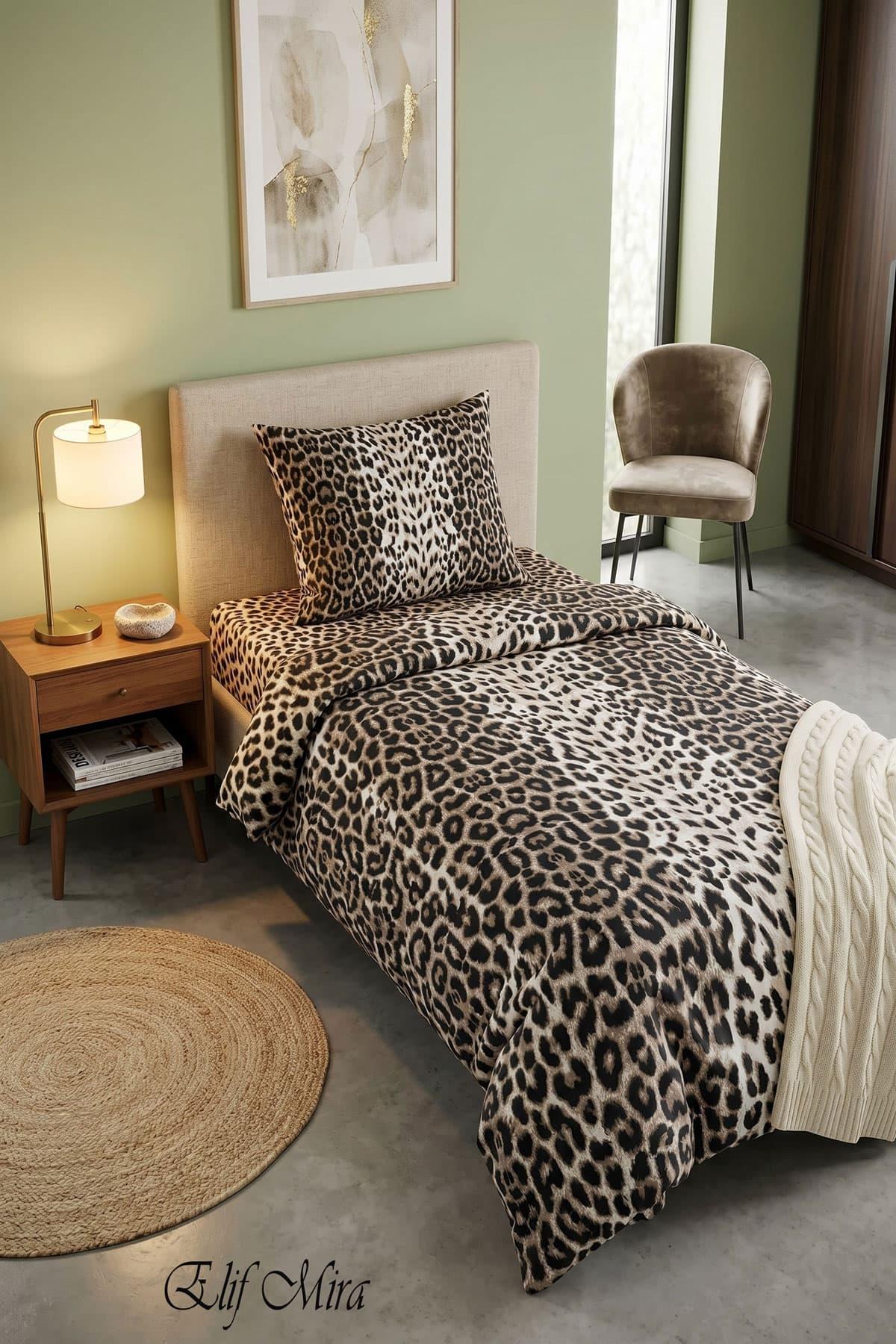 Tek Kişilik Lastikli Çarşaflı Nevresim Takımı  Leopar Desen
