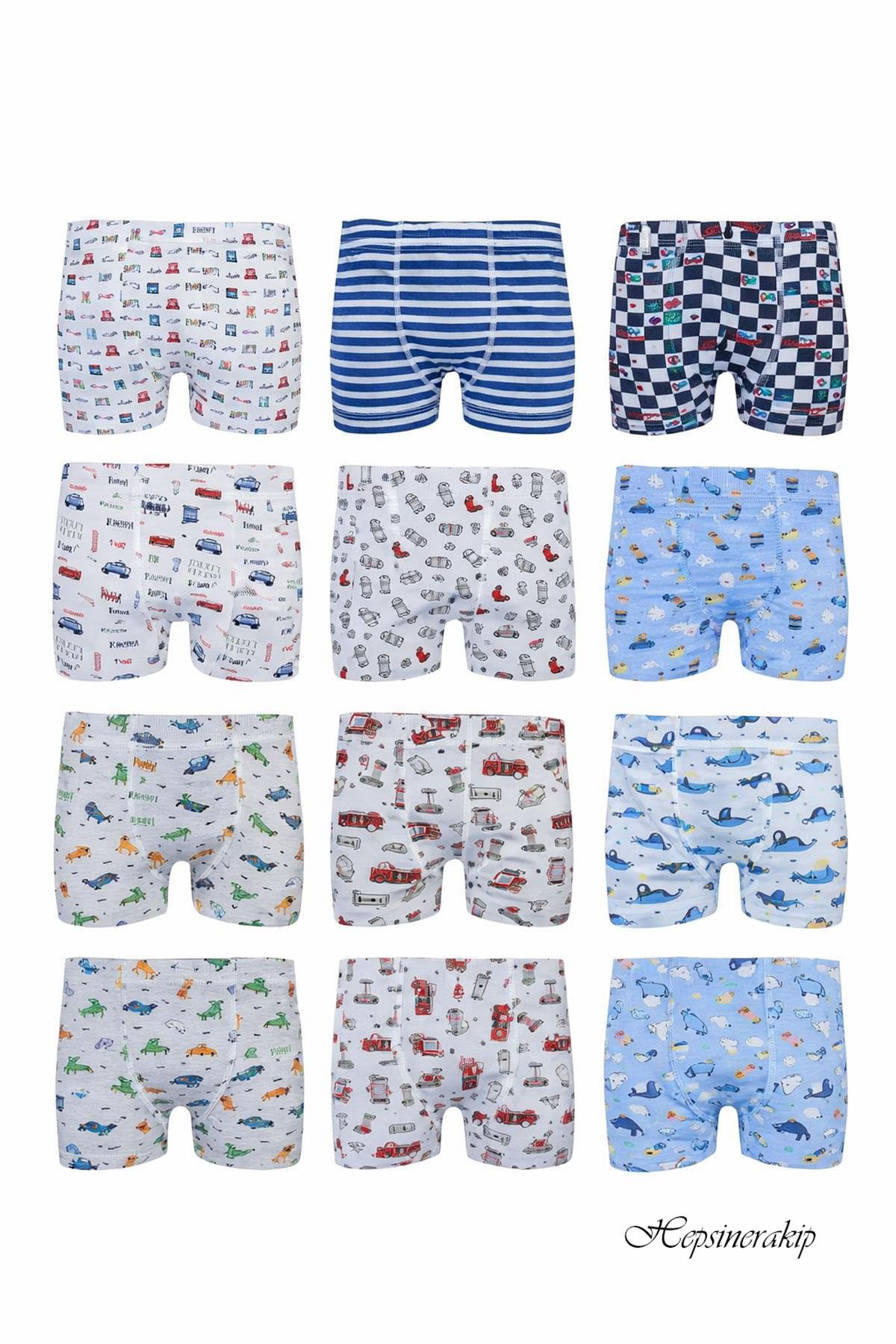 Tutku 12li Erkek Çocuk Renkli Boxer Desenli Baskılı Pamuklu Rahat