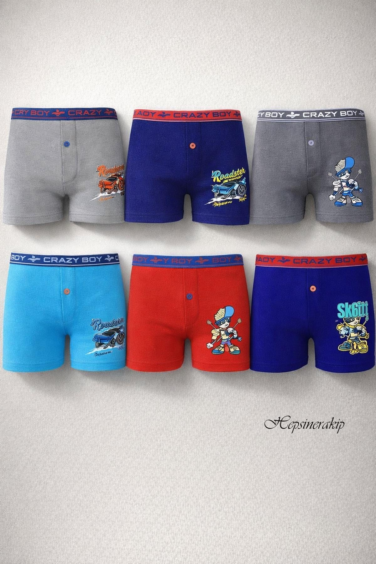 Tutku 6lı Erkek Çocuk Renkli Baskılı Boxer Külot Çocuk Baksır