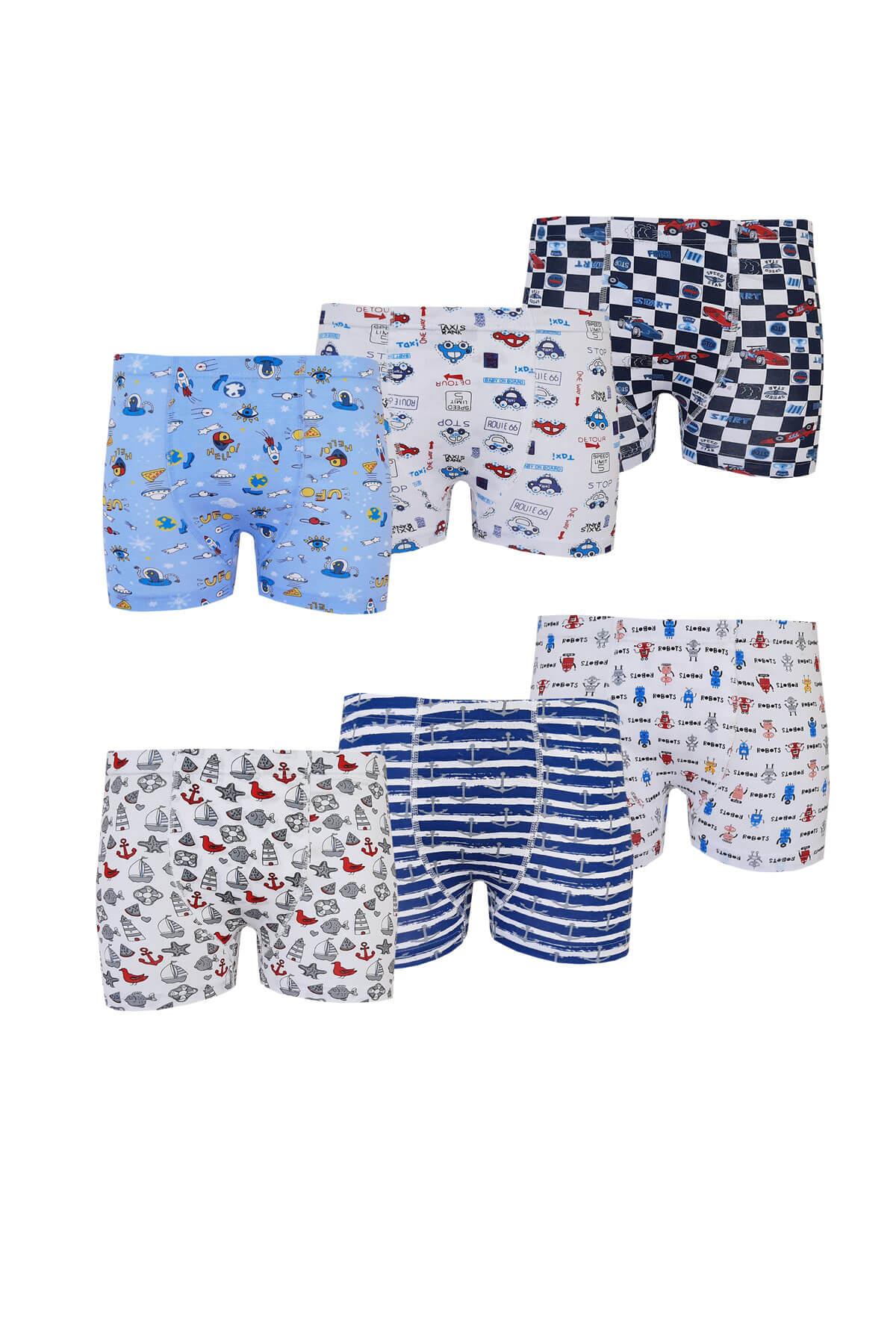 Tutku 6lı Erkek Çocuk Renkli Boxer Desenli Baskılı Pamuklu Rahat
