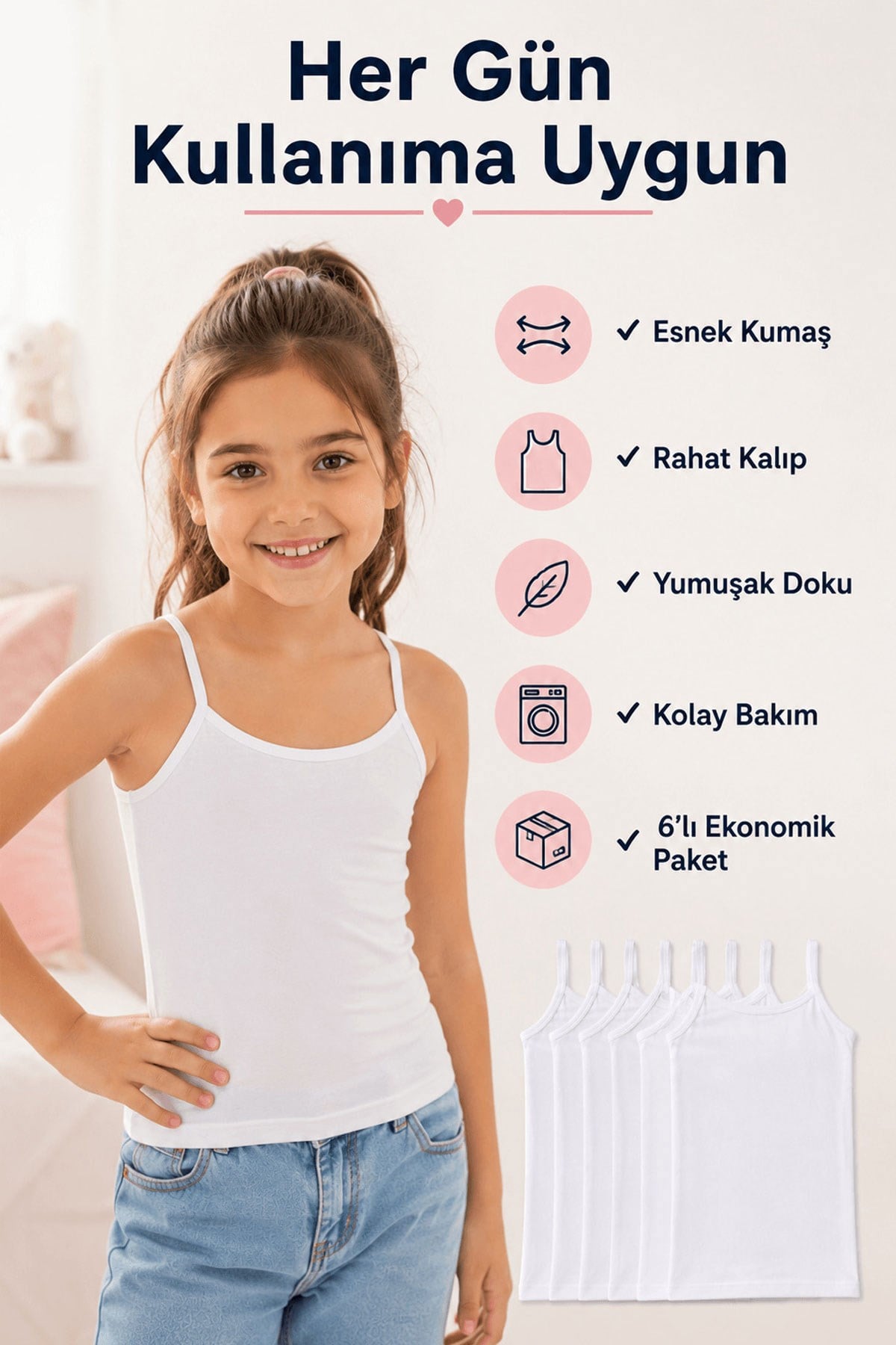 Tutku 6lı Kız Çocuk İp Askılı Düz Atlet Pamuklu 0187
