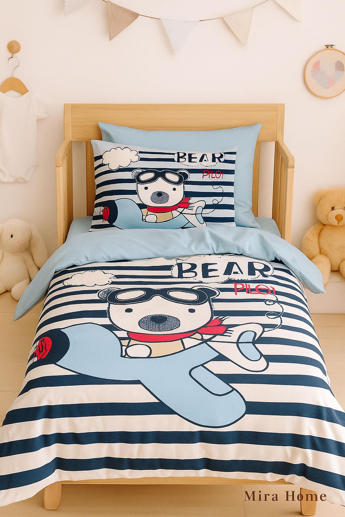 Yenidoğan Erkek Bebek Nevresim Takımı 3D Pamuklu Bear Pilot