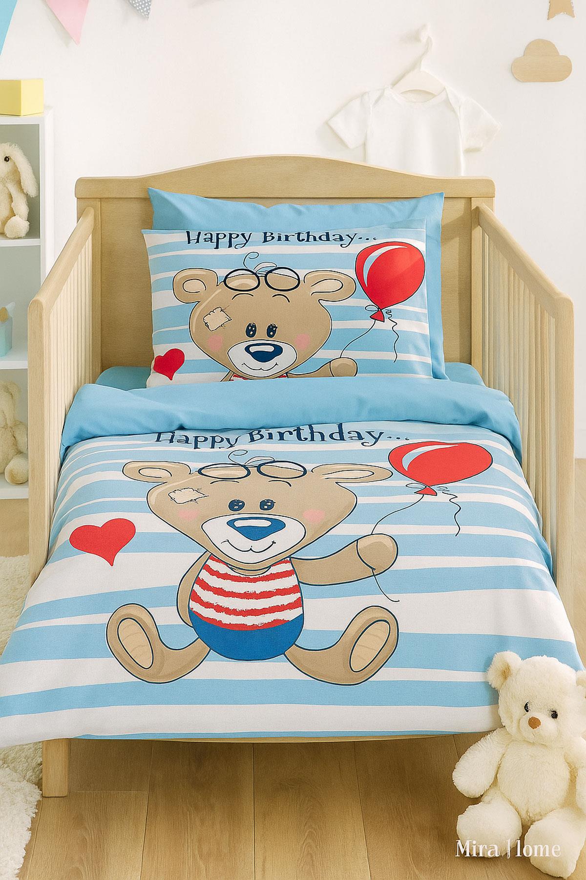 Yenidoğan Erkek Bebek Nevresim Takımı 3D Pamuklu Bear Baloon