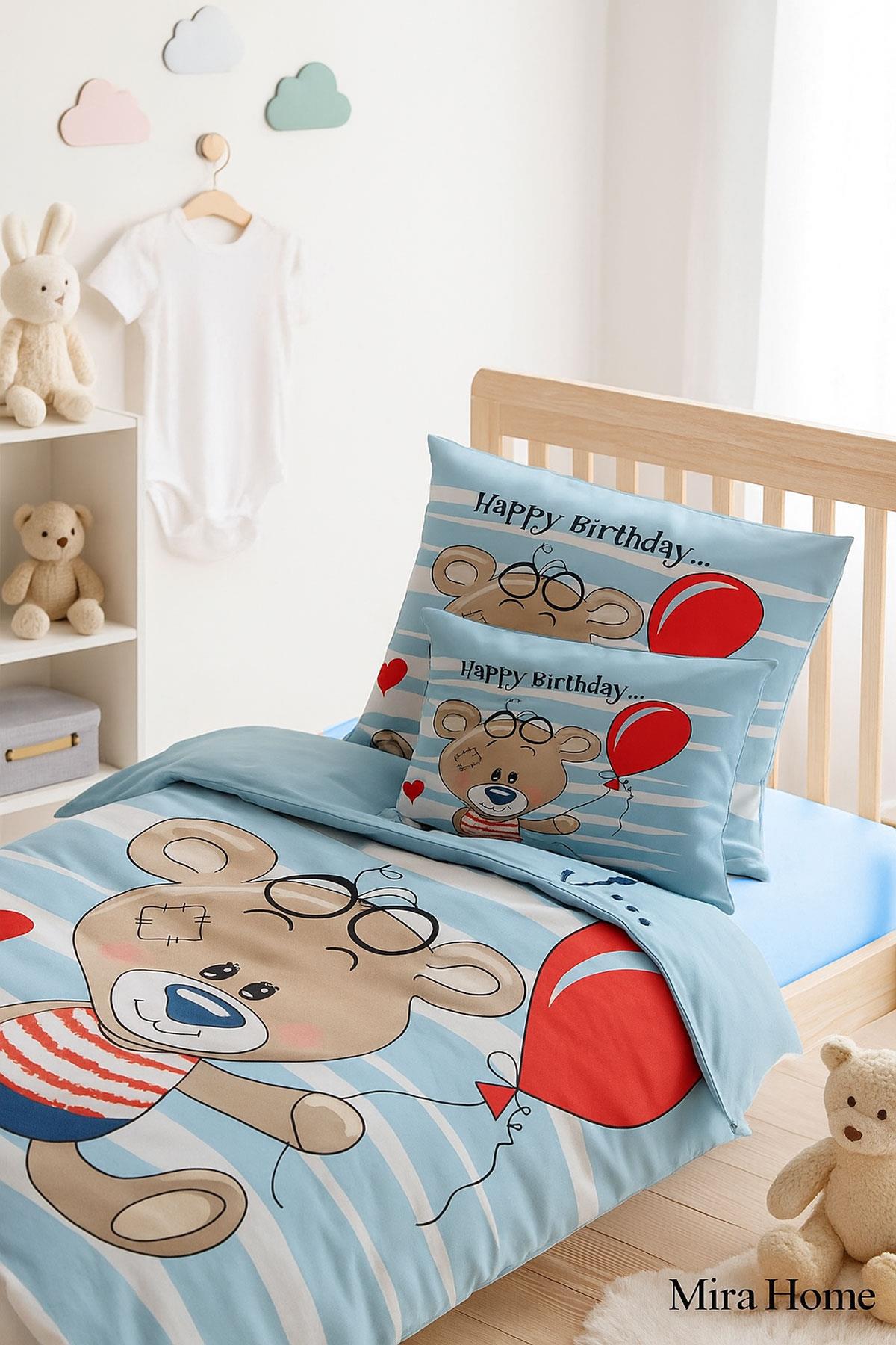 Yenidoğan Erkek Bebek Nevresim Takımı 3D Pamuklu Bear Baloon