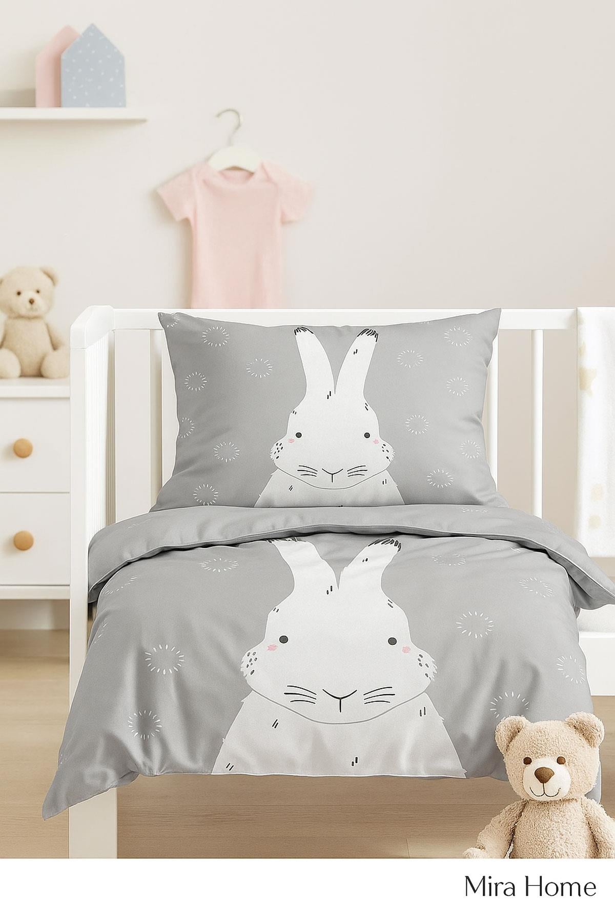 Yenidoğan Kız / Erkek Unisex Bebek Nevresim Takımı 3D Pamuklu Gri Tavşan