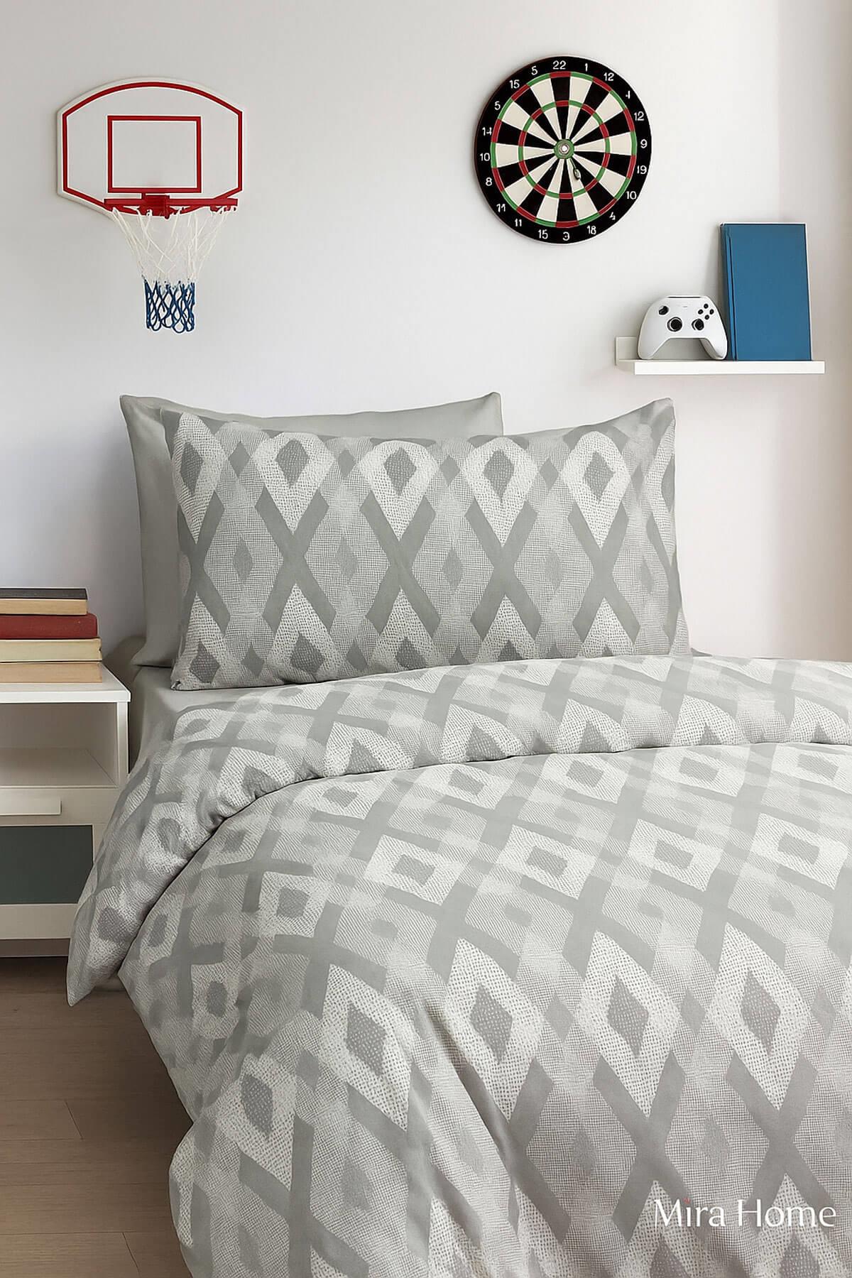 Zigzag Desenli Gri Pamuklu Tek Kişilik Nevresim Takımı