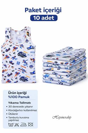 10lu Erkek Çocuk Renkli Desenli Atlet %100 Pamuklu Neşeli