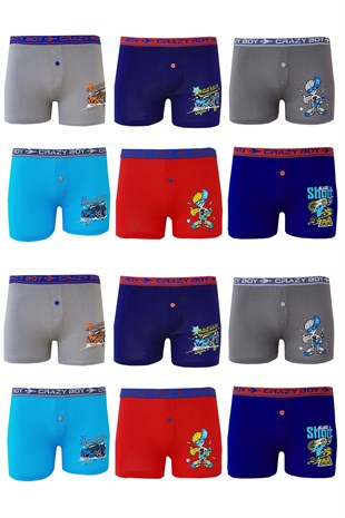 12 li Tutku Erkek Çocuk Boxer Renkli Baskılı Elastan TEC0253