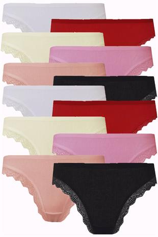 12li Kadın Kaşkorse Dantelli Bayan Külot Pamuklu Renkli Bikini 