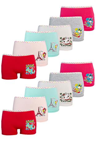 12li Kız Çocuk Boxer Renkli Likralı Pamuklu Boxer Külot