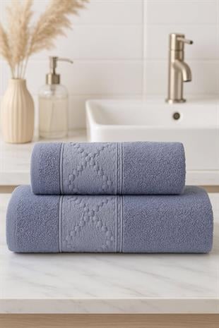 2 Parça Banyo Havlu Takımı %100 Pamuklu Duru Desen