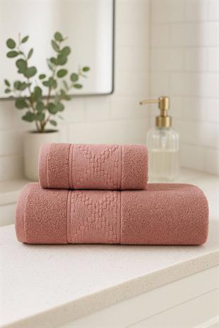 2 Parça Banyo Havlu Takımı %100 Pamuklu Duru Desen