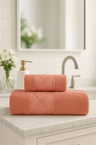 2 Parça Banyo Havlu Takımı %100 Pamuklu Duru Desen