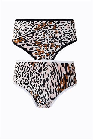 2li Kadın Leopar Bikini Yüksek Bel İnce Lastik Ekonomik