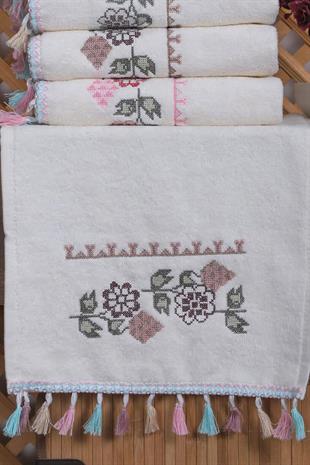 2li Kanaviçe Çiçek Nakışlı El Yüz Havlu Seti Püsküllü