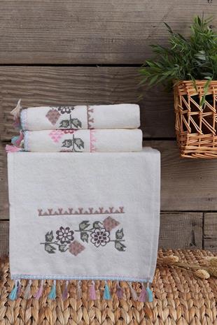 2li Kanaviçe Çiçek Nakışlı El Yüz Havlu Seti Püsküllü