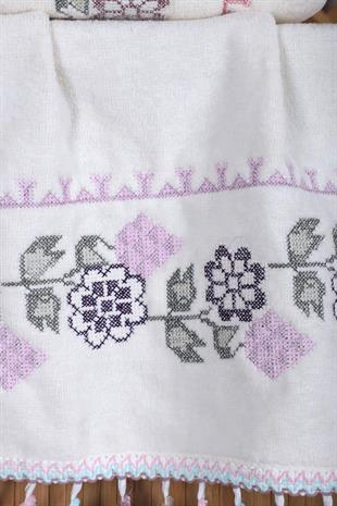 2li Kanaviçe Çiçek Nakışlı El Yüz Havlu Seti Püsküllü