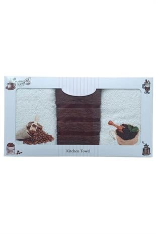 3 lü Kahve Baskılı %100 Pamuklu Mutfak Havlusu 30 x 50 Cm