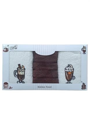 3 lü Kahve Baskılı %100 Pamuklu Mutfak Havlusu 30 x 50 Cm