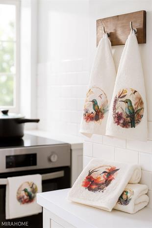 3 lü Kuş Baskılı %100 Pamuklu Mutfak Havlusu 30 x 50 Cm