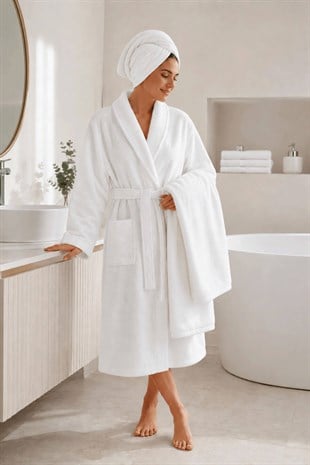 3 Parça Tek Kişilik Banyo Bornoz ve Havlu Seti %100 Pamuk Serena Collection