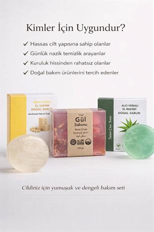 3lü Doğal Sabun Seti  Maya, Aloe Vera, Gül Özlü - Hassas & Günlük Nazik Bakım Serisi