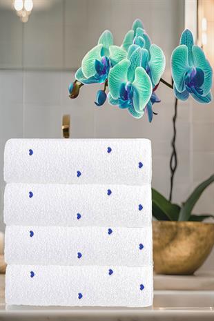 4 Lü Kalp Nakış İşlemeli El Yüz Havlu Seti %100 Pamuklu 50x90 Cm Hand Of Love