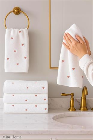 4 Lü Kalp Nakış İşlemeli El Yüz Havlu Seti %100 Pamuklu 50x90 Cm Hand Of Love