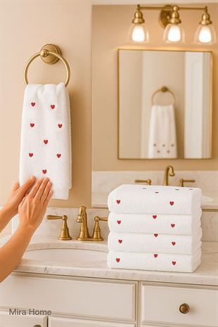 4 Lü Kalp Nakış İşlemeli El Yüz Havlu Seti %100 Pamuklu 50x90 Cm Hand Of Love