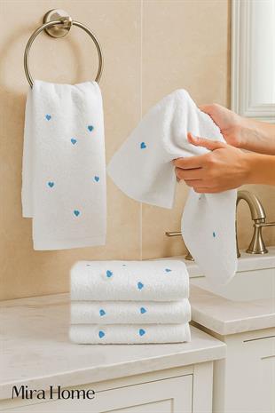 4 Lü Kalp Nakış İşlemeli El Yüz Havlu Seti %100 Pamuklu 50x90 Cm Hand Of Love