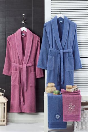 4 Parça Aile Bornoz Seti Kadın Erkek Havlulu Bornoz Takımı