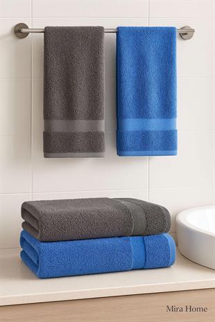 4 Parça Ekonomik Banyo Havlu Takımı %100 Pamuklu Quickdry Mavi