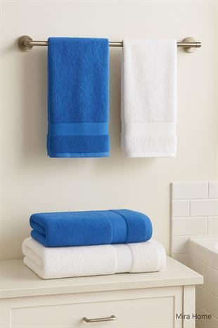 4 Parça Ekonomik Banyo Havlu Takımı %100 Pamuklu Quickdry Mavi