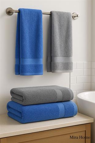 4 Parça Ekonomik Banyo Havlu Takımı %100 Pamuklu Quickdry Mavi