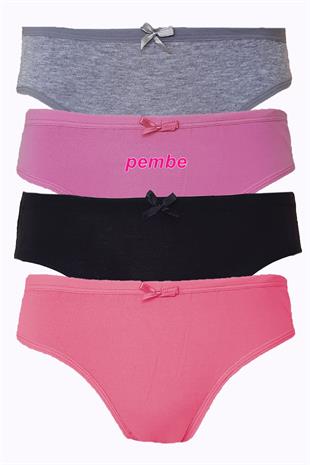 4lü Kadın Pamuklu Bikini Külot Renkli Fiyonklu İç Çamaşırı