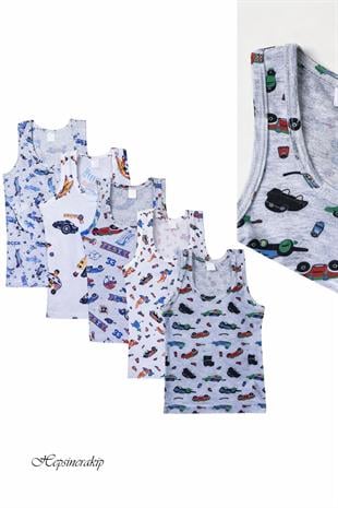 5li Erkek Çocuk Renkli Desenli Atlet %100 Pamuklu Neşeli