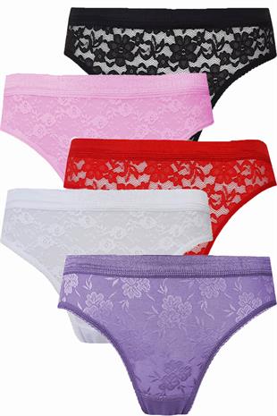 5li Kadın Dantelli Bikini Külot Pamuklu Arkası Düz
