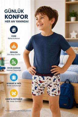6 lı Erkek Çocuk Desenli Boxer Empirme Baskılı Pamuklu 