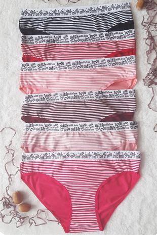 6 lı Kadın Çizgili Karışık Renk Pamuklu Bikini Külot With Love
