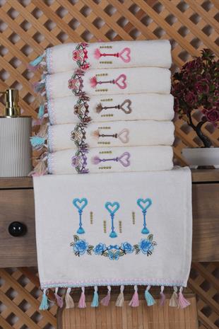 6lı Kalp Çiçek Nakışlı Püsküllü El Yüz Havlu Seti 50x90 cm