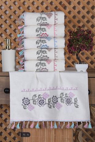 6lı Kanaviçe Nakışlı Püsküllü Mutfak Havlusu Takımı 30x50 cm