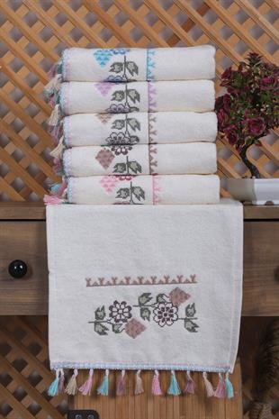 6lı Kanaviçeli Püsküllü El Yüz Havlu Seti 50x90 cm