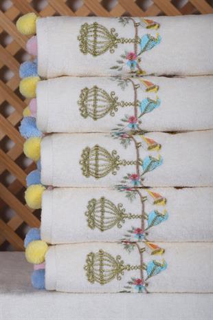 6lı Kuş Nakışlı Ponponlu El Yüz Havlu Seti 50x90 cm