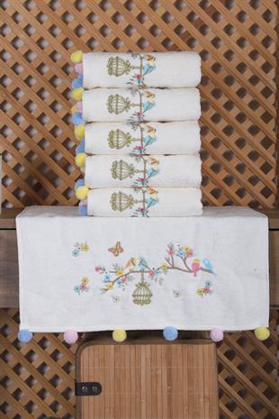 6lı Kuş Nakışlı Ponponlu El Yüz Havlu Seti 50x90 cm