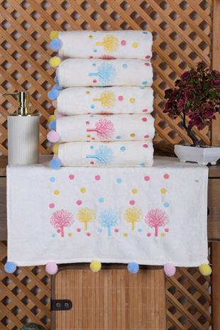 6lı Renkli Ağaç Nakışlı Ponponlu El Yüz Havlu Seti 50x90 cm